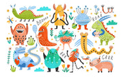 Colorful illustration of various cartoon monsters with different expressions and accessories on a white background.