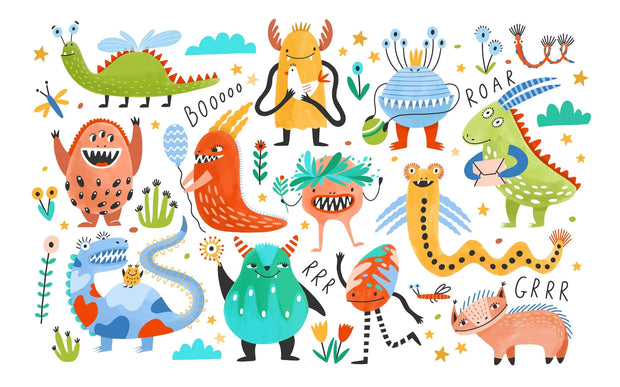 Colorful illustration of various cartoon monsters with different expressions and accessories on a white background.