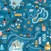 Colorful children's map with roads, animals, and buildings on a blue background