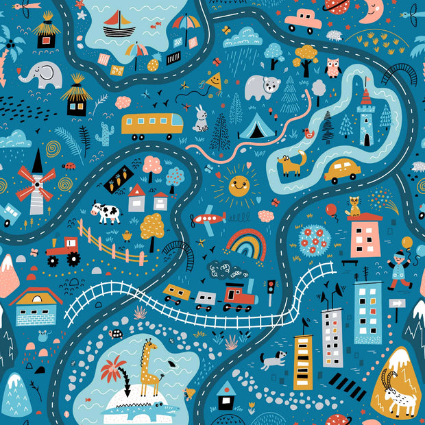 Colorful children's map with roads, animals, and buildings on a blue background