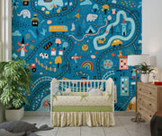Children's room with a colorful wall mural and crib.