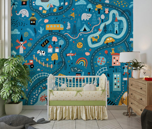 Children's room with a colorful wall mural and crib.