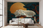 White tiger Chinoiserie wall mural with dark pine branches and a textured golden moon