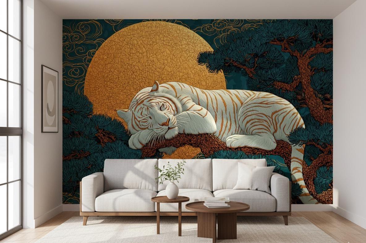 White tiger Chinoiserie wall mural with dark pine branches and a textured golden moon