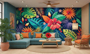 Living room with a vibrant tropical wall mural, blue sectional sofa, and decorative elements.