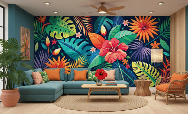 Living room with a vibrant tropical wall mural, blue sectional sofa, and decorative elements.