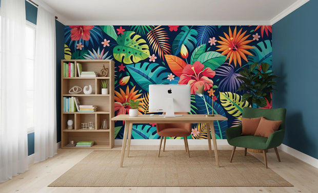 Colorful tropical wall mural in a home office with a desk, chair, and bookshelf.