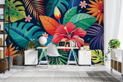 Colorful tropical leaf mural in a room with a desk and decor.