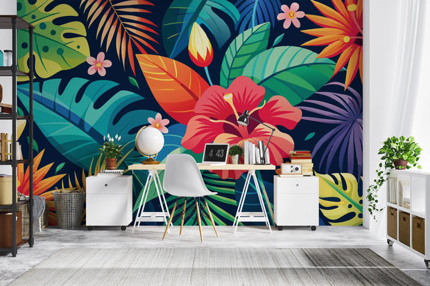 Colorful tropical leaf mural in a room with a desk and decor.