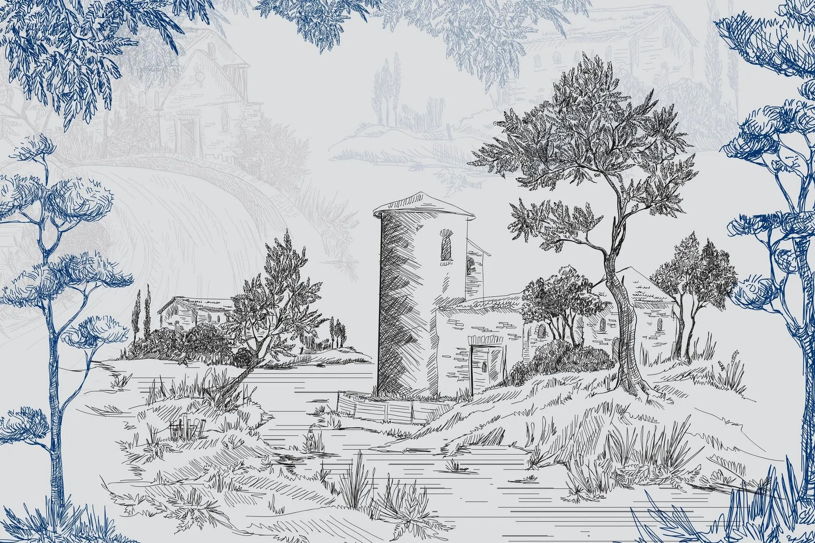Line drawing of a landscape with trees and a building.