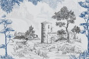 Line drawing of a landscape with trees and a building.