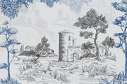 Line drawing of a landscape with trees and a building.