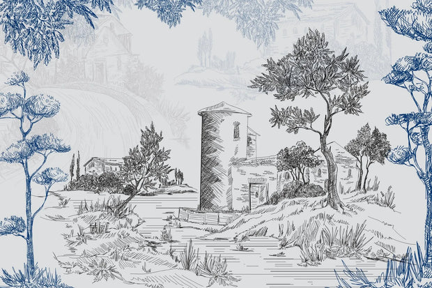 Line drawing of a landscape with trees and a building.