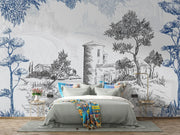 Bedroom with a large wall mural of trees and a building.