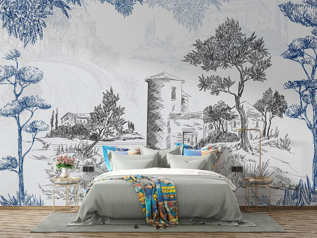 Bedroom with a large wall mural of trees and a building.