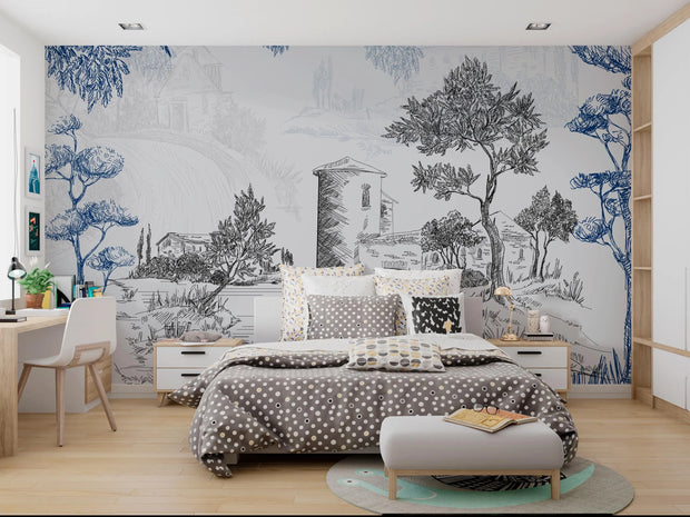Modern bedroom with decorative wall mural featuring trees and architecture.