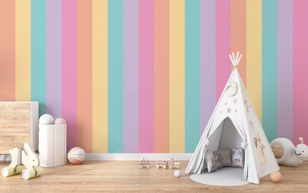Children's room with a colorful striped wall, teepee, and toys.
