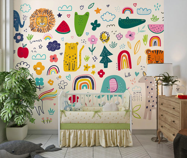 Children's room with colorful wall mural, crib, and furniture.