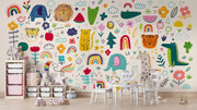 Children's room with colorful wall mural featuring animals, flowers, and rainbows.