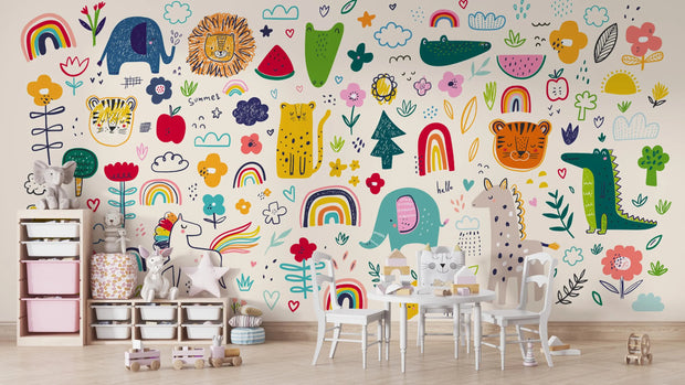 Children's room with colorful wall mural featuring animals, flowers, and rainbows.