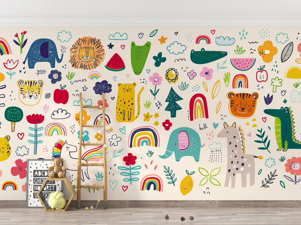 Colorful children's wall mural with animals, plants, and patterns on a plain wall.