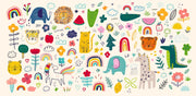 Colorful illustration of various animals and nature elements on a white background