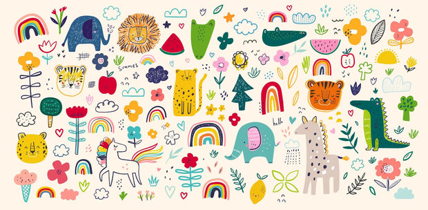 Colorful illustration of various animals and nature elements on a white background