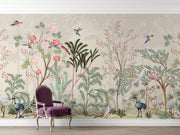 Cream Chinoiserie Birds and Blossom Wall Mural – room with a purple chair mock-up