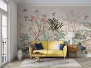 Cream Chinoiserie Birds and Blossom Wall Mural – living room with a yellow sofa mock-up