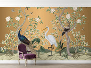 Golden Chinoiserie Peacock & Egret Wall Mural