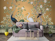 Golden Chinoiserie Peacock & Egret Wall Mural