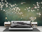 Green Magnolia and Birds Chinoiserie Wall Mural – bedroom with a grey bed and white bedside cabinets mock-up