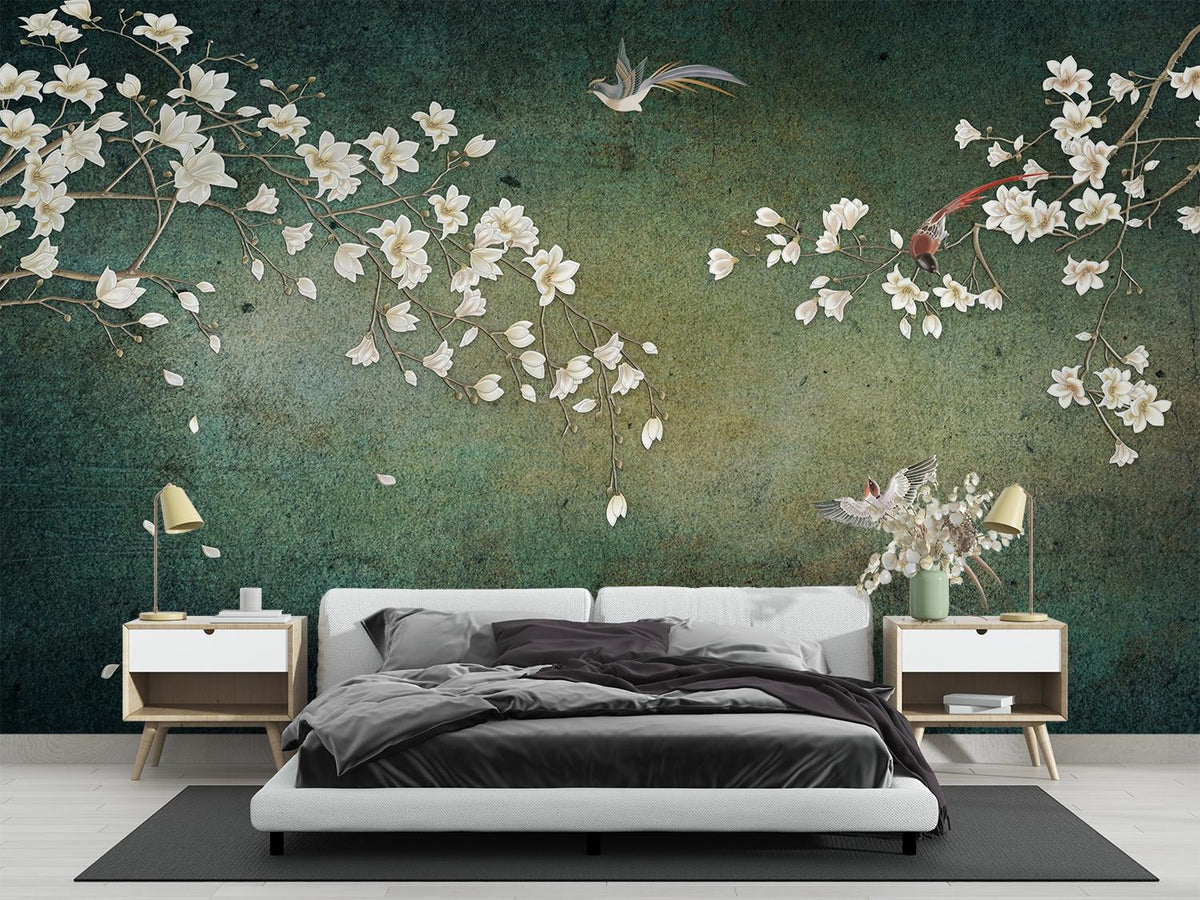 Green Magnolia and Birds Chinoiserie Wall Mural – bedroom with a grey bed and white bedside cabinets mock-up