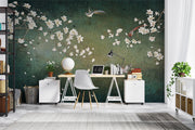 Green Magnolia and Birds Chinoiserie Wall Mural – home office with a white desk mock-up