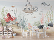 Watercolour Submarine and Octopus Wall Mural – room illustration 3