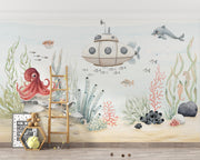Watercolour Submarine and Octopus Wall Mural – room illustration 2