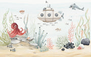 Watercolour Submarine and Octopus Wall Mural – full artwork