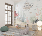 Watercolour Submarine and Octopus Wall Mural – room illustration 4