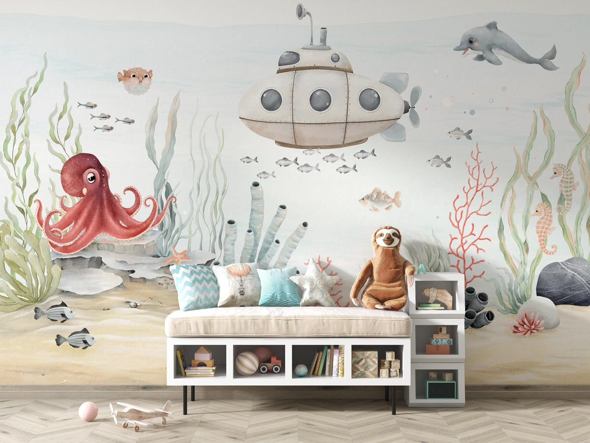 Watercolour Submarine and Octopus Wall Mural – room illustration 1
