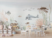 Watercolour Sea Turtle and Dolphin Wall Mural – room illustration 2