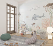 Watercolour Sea Turtle and Dolphin Wall Mural – room illustration 3