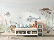 Watercolour Sea Turtle and Dolphin Wall Mural – room illustration 4