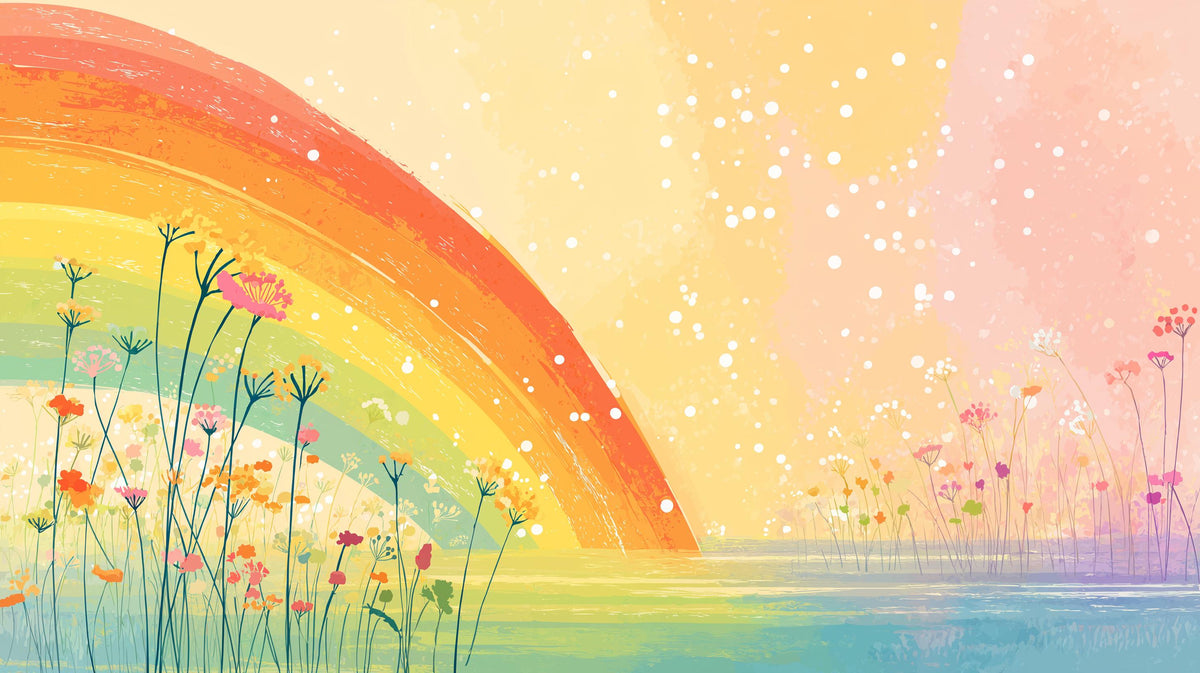 A pastel watercolor-style landscape artwork showing a large rainbow arching over a field of flowers above a calm lake, with a soft yellow, pink, and peach sky and white speckled light effects.