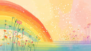 A pastel watercolor-style landscape artwork showing a large rainbow arching over a field of flowers above a calm lake, with a soft yellow, pink, and peach sky and white speckled light effects.
