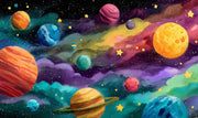 Colorful illustration of planets and stars in space