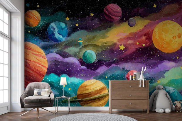 Colorful space-themed mural with planets and stars on a wall, featuring a chair and dresser below.