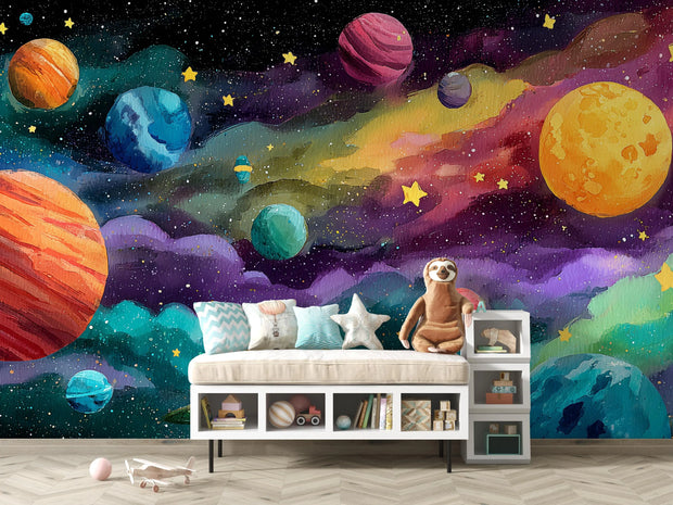 Room interior with a space-themed wall mural featuring planets and stars.