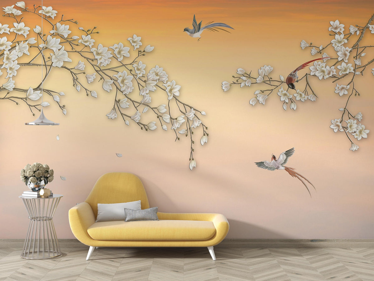 Sunset Chinoiserie wall mural with white magnolia blossoms and graceful branches