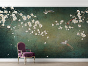 Green Magnolia and Birds Chinoiserie Wall Mural – room with a purple chair mock-up