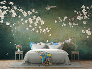 Green Magnolia and Birds Chinoiserie Wall Mural – bedroom with a pale upholstered bed mock-up